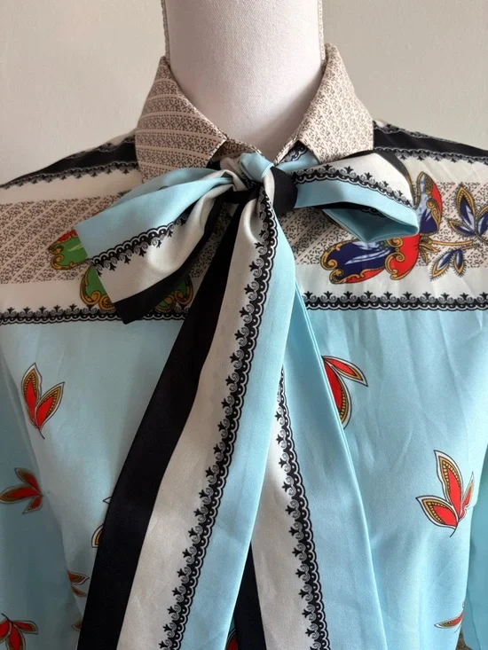 Vintage inspired Light Blue Floral Print Button-Up Blouse with Long Neck Tie - Picture 7 of 13